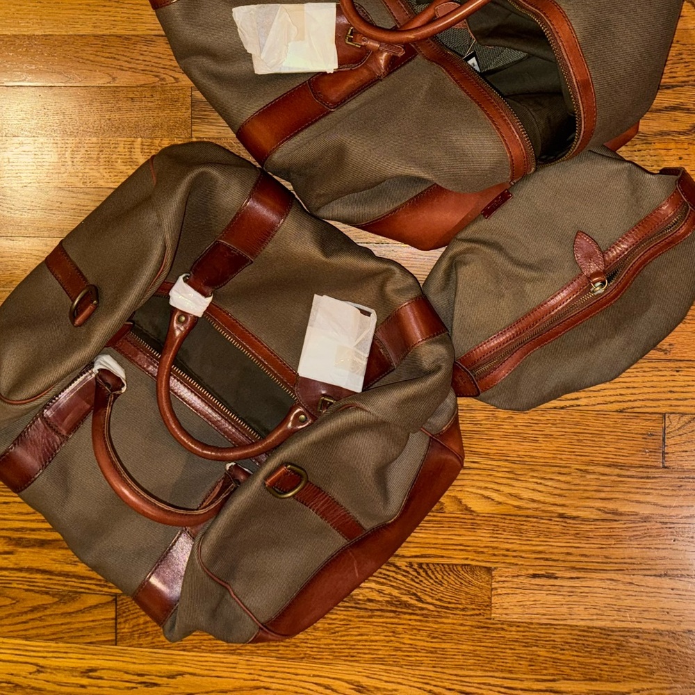 Ralph Lauren Polo NWT Olive Canvas and Tan Leather Gym Duffle + Toiletry Bag Set